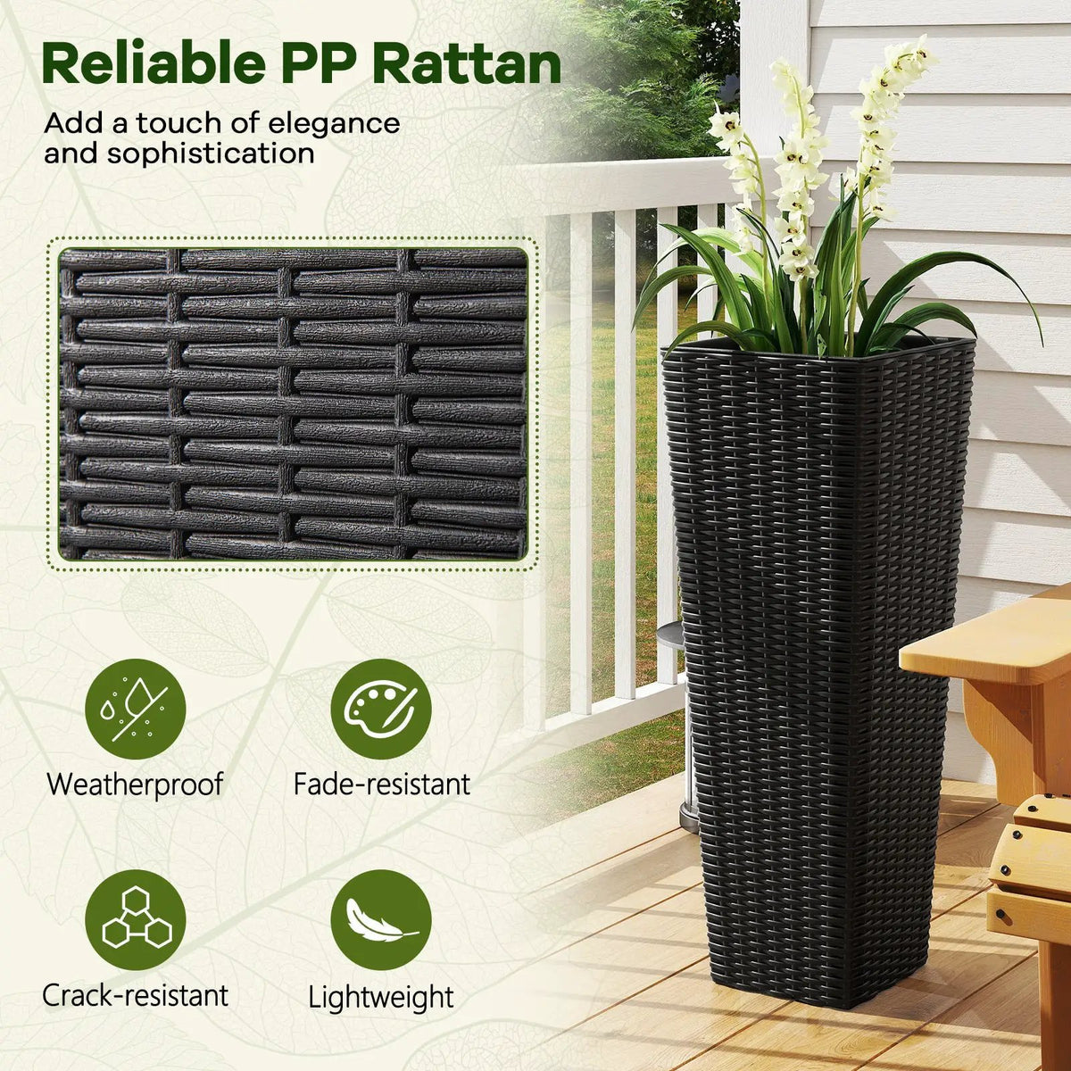 Rattan Tall Planter Set of 2 Outdoor Large Tapered Planters with Removable Inner Trays, photo 14 of 16