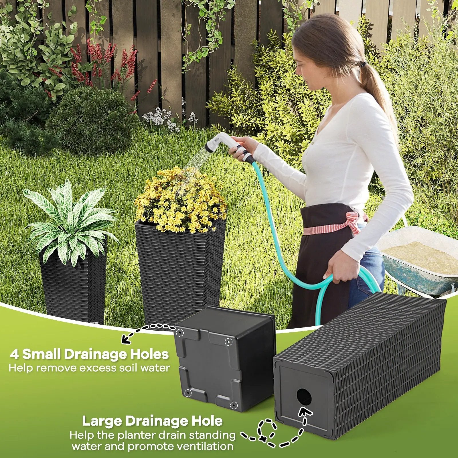 Rattan Tall Planter Set of 2 Outdoor Large Tapered Planters with Removable Inner Trays by DirectDeals
