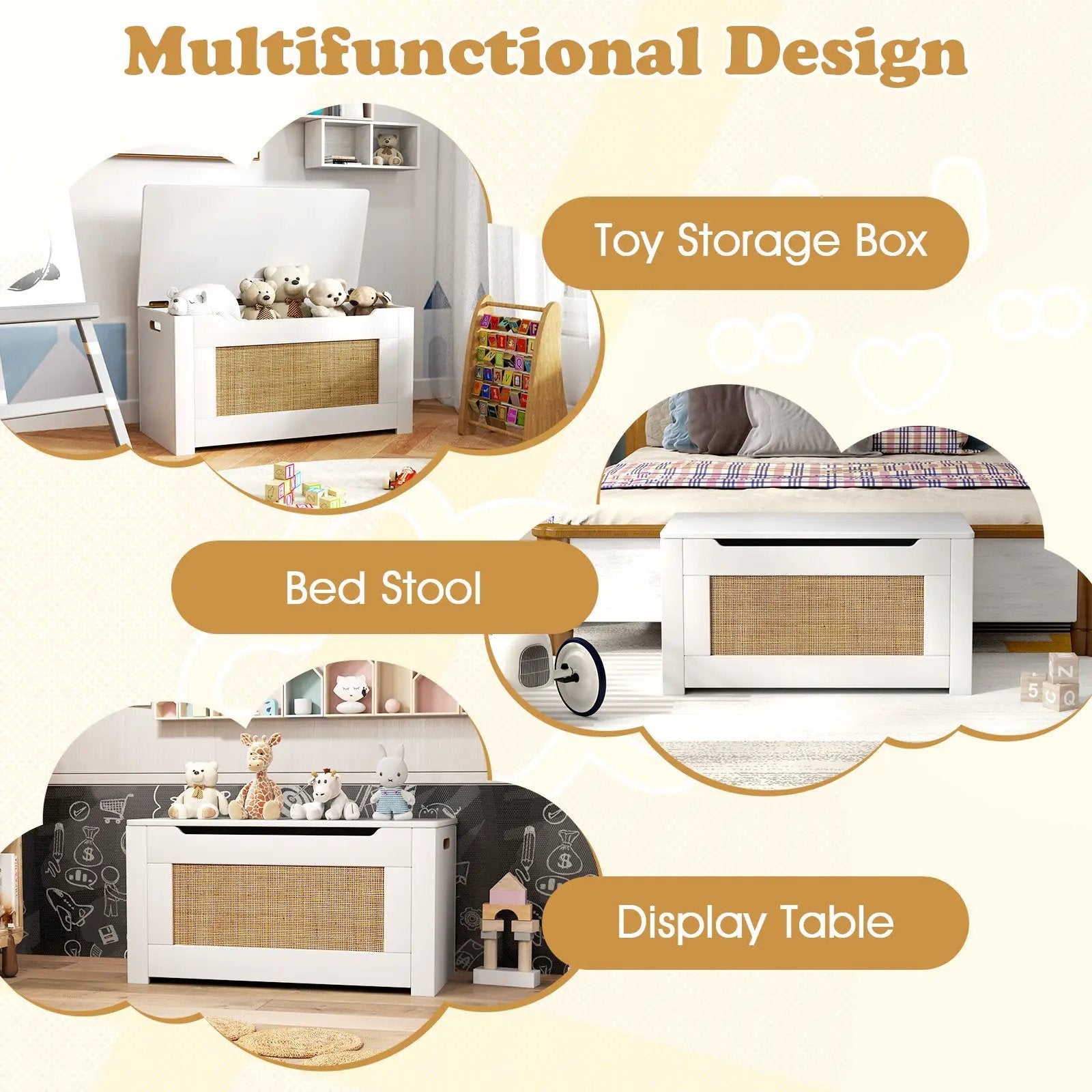 Kids Rattan Toy Storage Box with Flip Top Lid and Safety Hinge Handles-White by DirectDeals