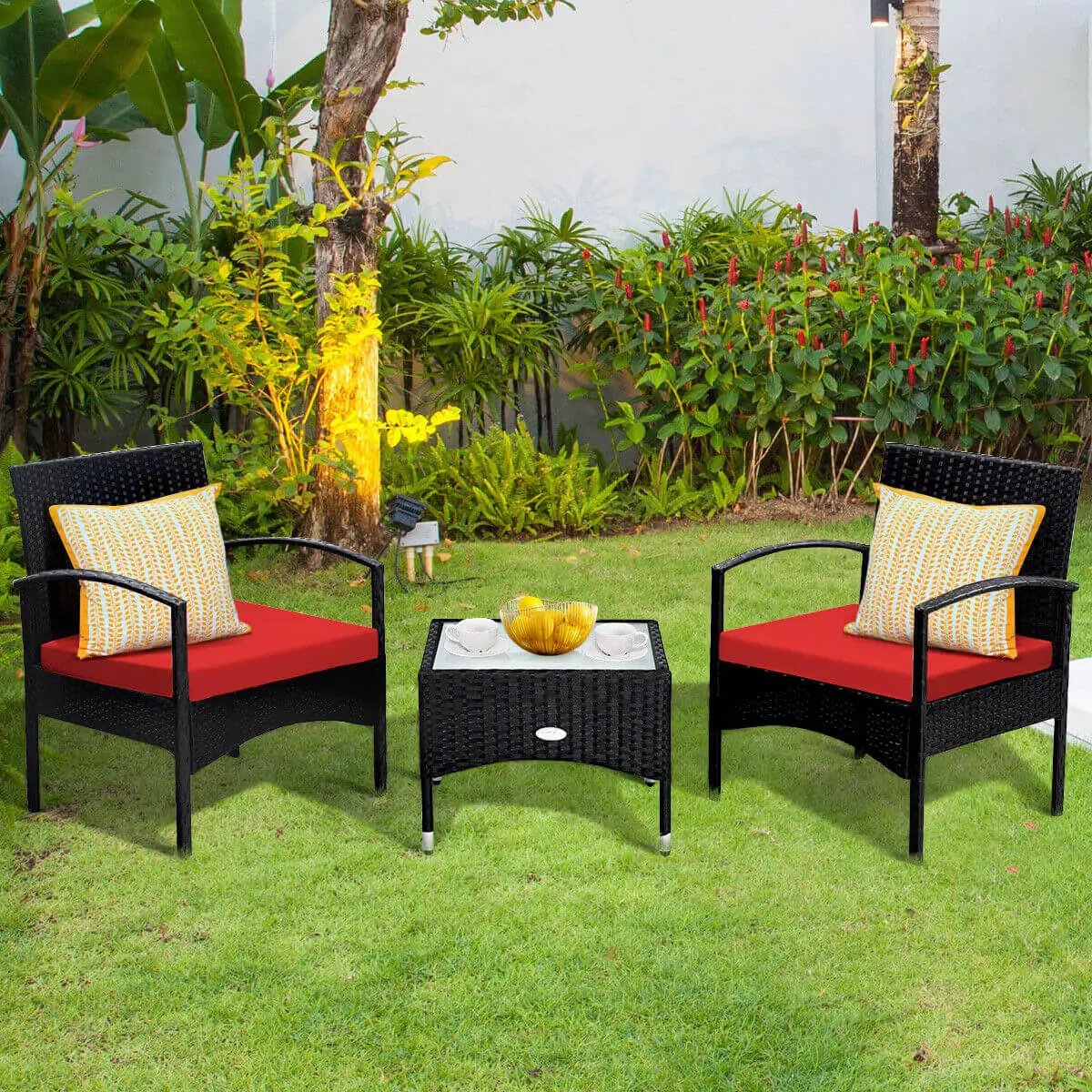 3 Pieces Patio Wicker Rattan Furniture Set with Cushion for Lawn Backyard by DirectDeals