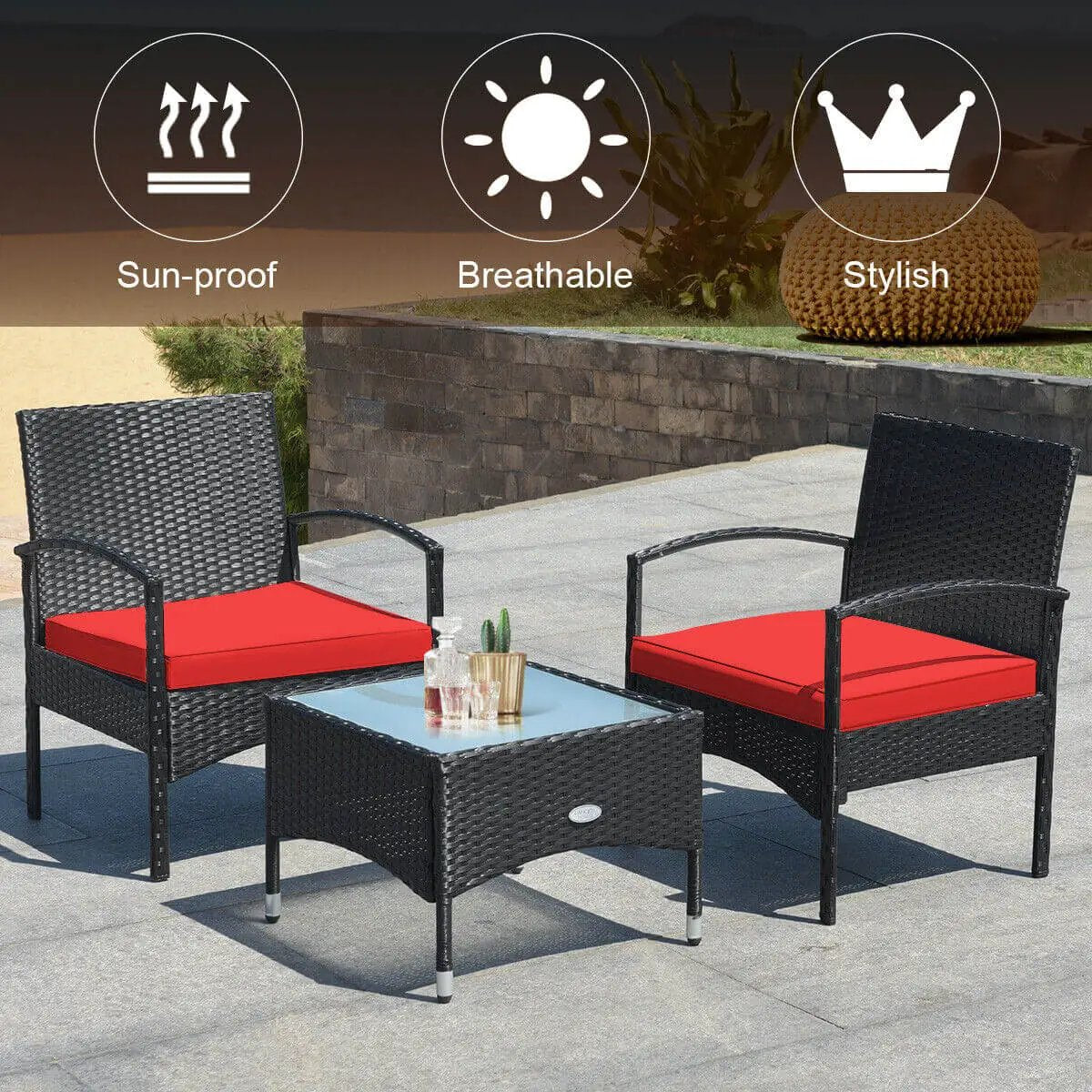 3 Pieces Patio Wicker Rattan Furniture Set with Cushion for Lawn Backyard by DirectDeals