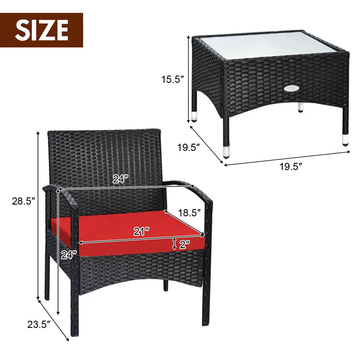 3 Pieces Patio Wicker Rattan Furniture Set with Cushion for Lawn Backyard, photo 4 of 11