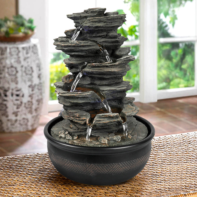Resin 6 Tier Slate Tabletop Water Fountain 15 Inch LED, photo 2 of 12