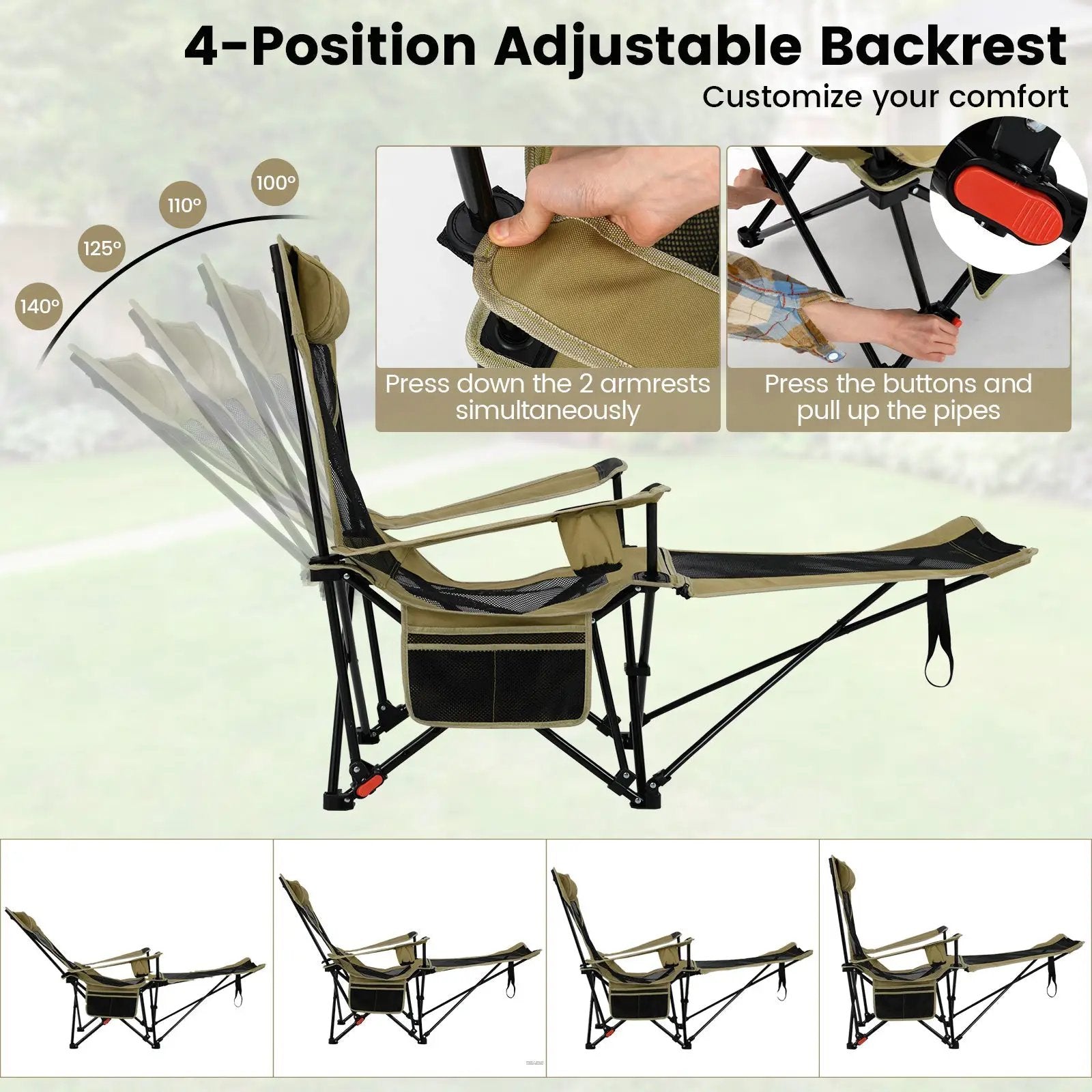 Reclining Camping Chair with Removable Footrest and Adjustable Backrest by DirectDeals