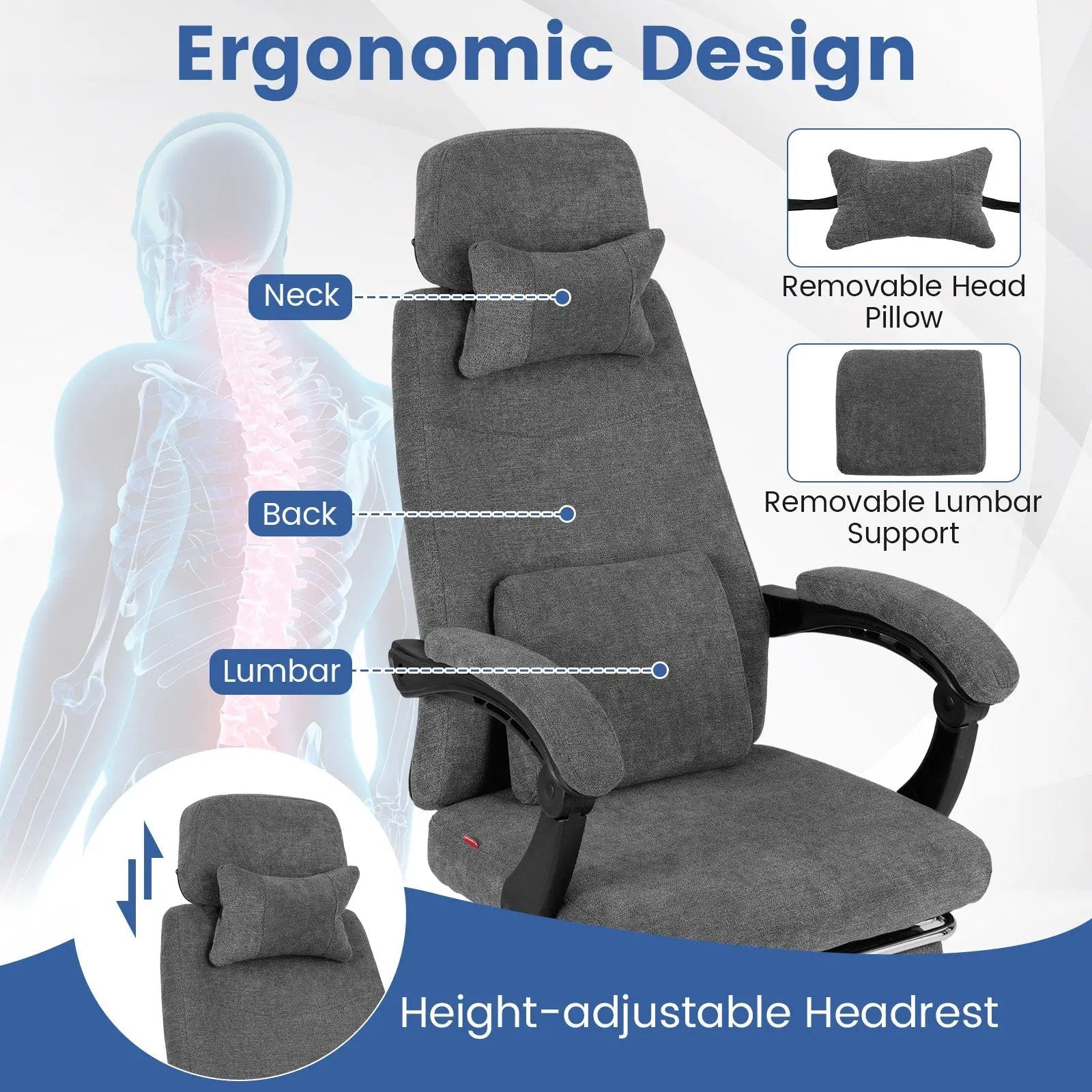 Reclining Office Chair Chenille Fabric Upholstered Computer Desk Chair-Gray by DirectDeals