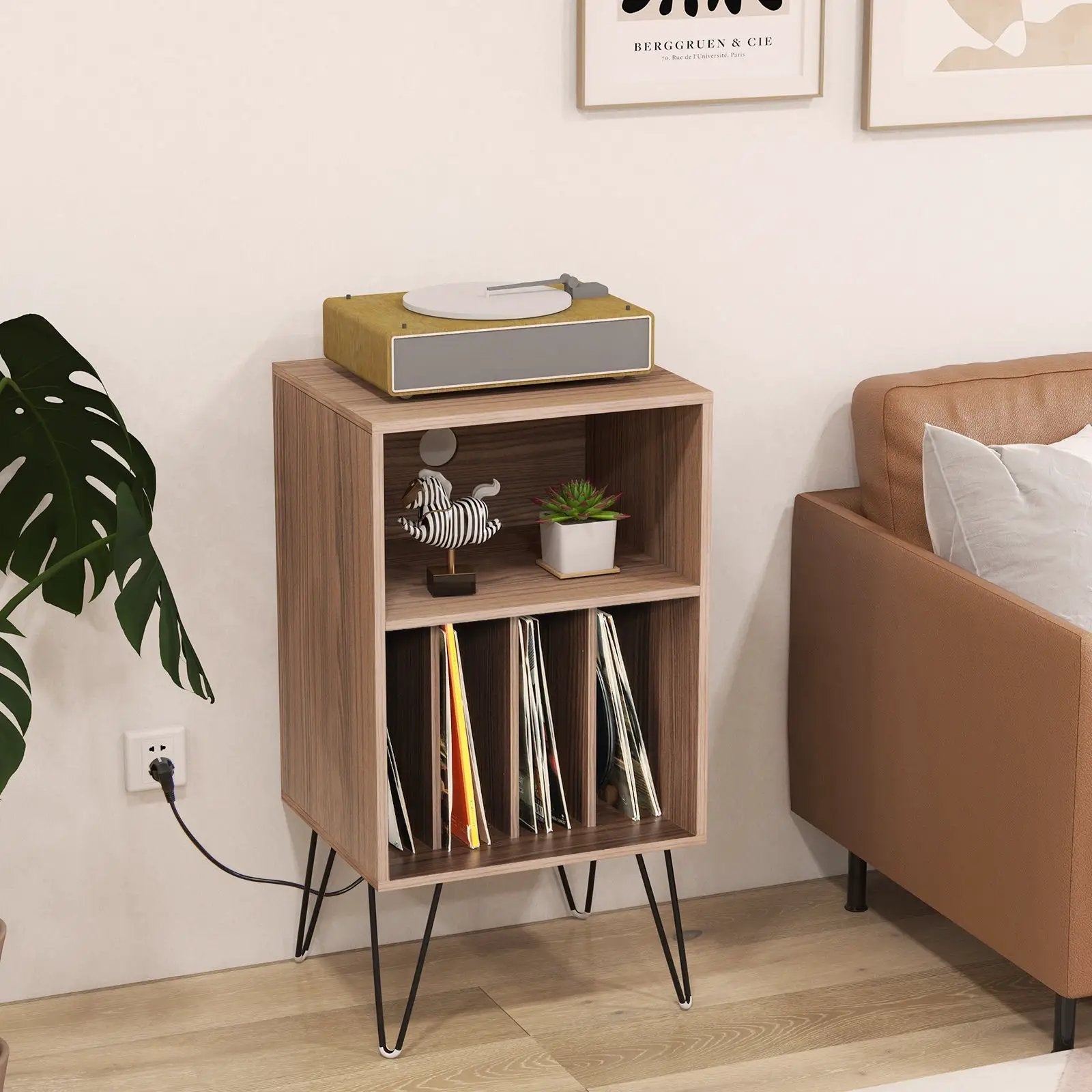 Record Player Stand with Charging Station for Living Room Bedroom-Walnut by DirectDeals