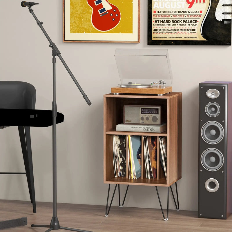 Record Player Stand with Charging Station for Living Room Bedroom-Walnut by DirectDeals