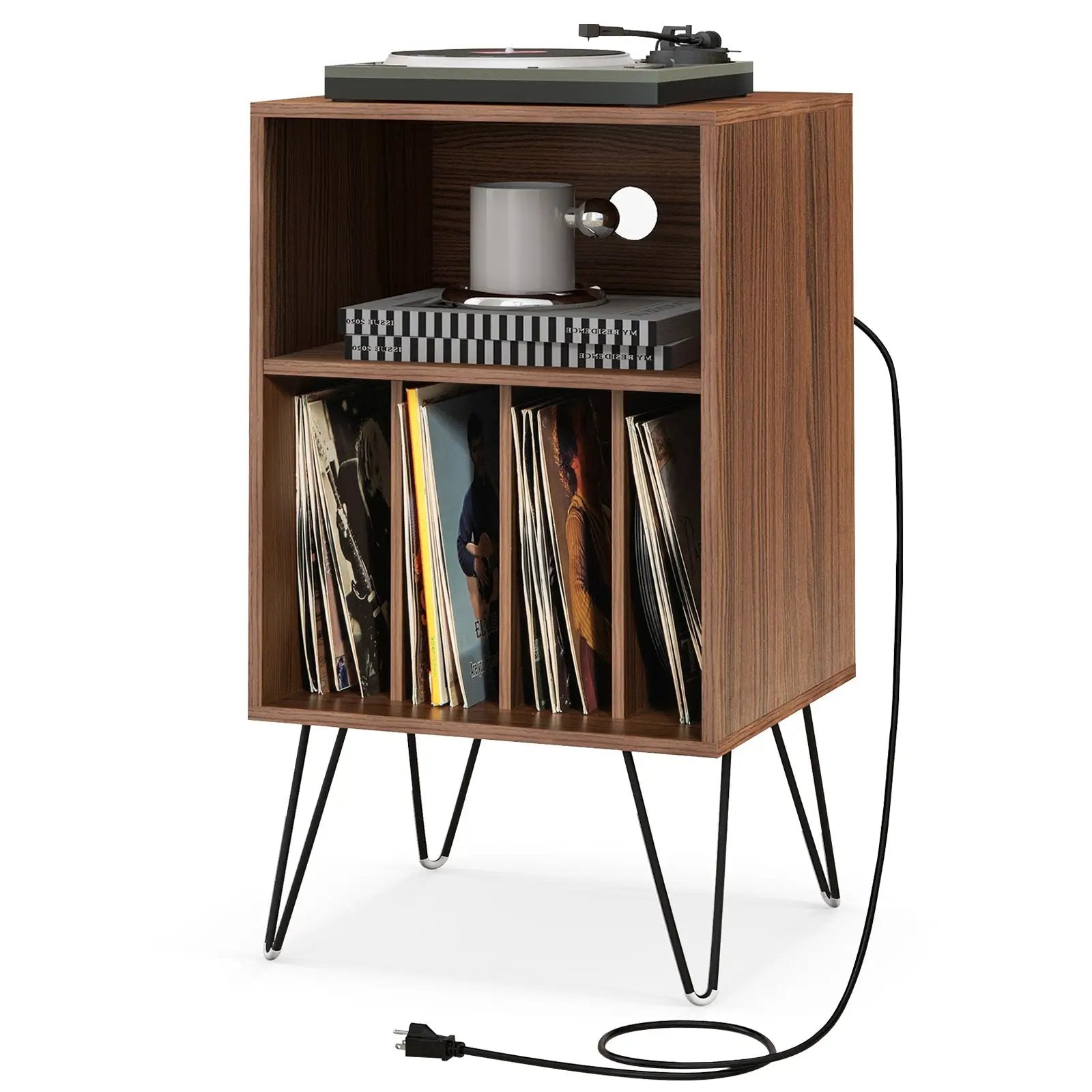 Record Player Stand with Charging Station for Living Room Bedroom-Walnut by DirectDeals