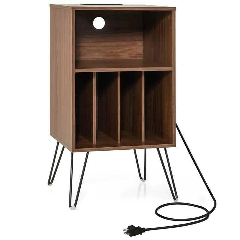 Record Player Stand with Charging Station for Living Room Bedroom-Walnut by DirectDeals