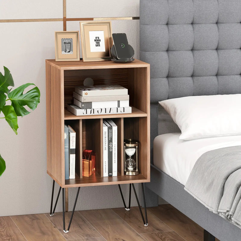Record Player Stand with Charging Station for Living Room Bedroom-Walnut by DirectDeals