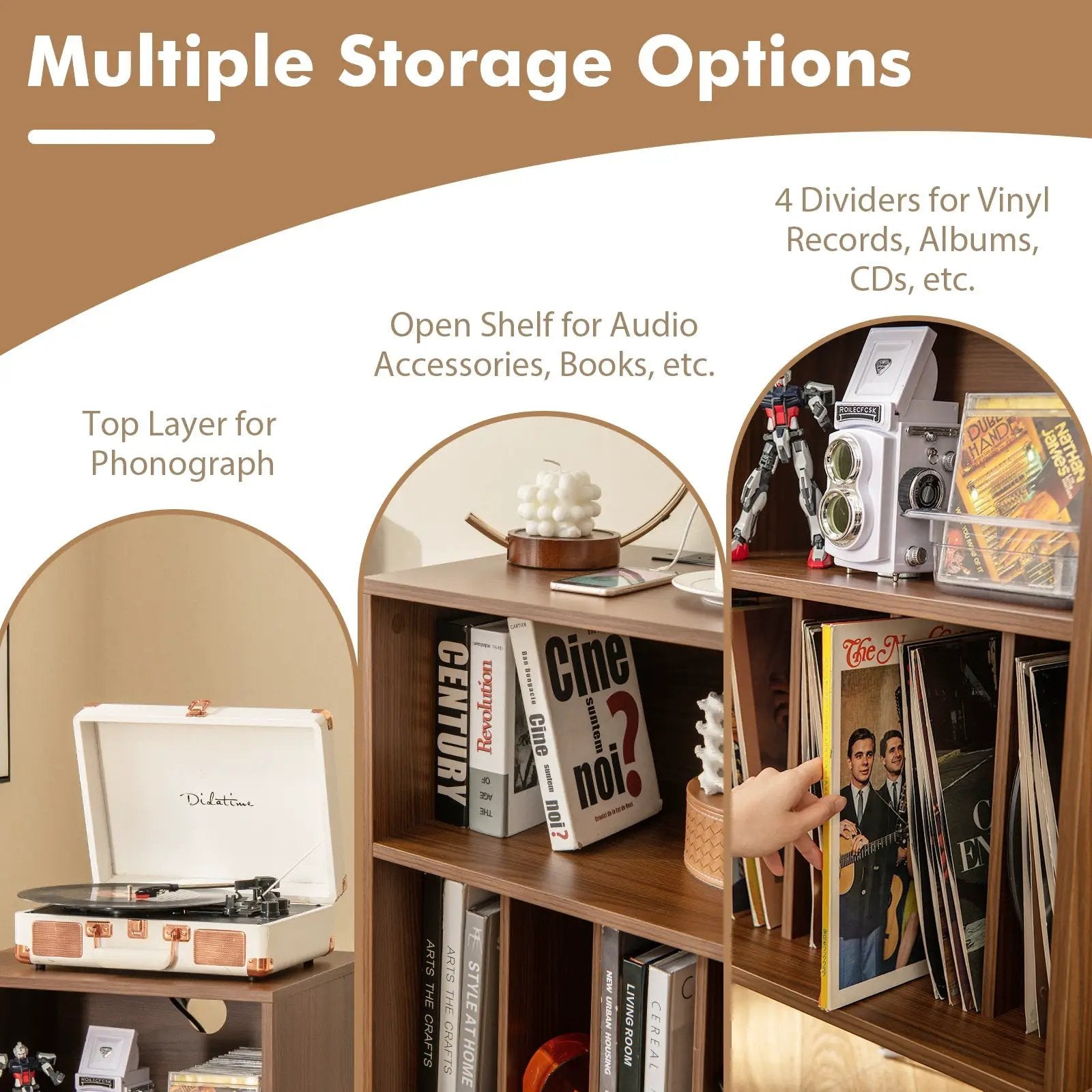 Record Player Stand with Charging Station for Living Room Bedroom-Walnut by DirectDeals