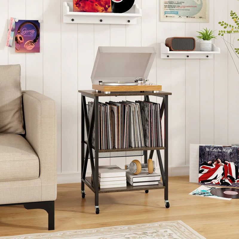 Mid-Century Record Player Stand with Built-in Charging Station by DirectDeals
