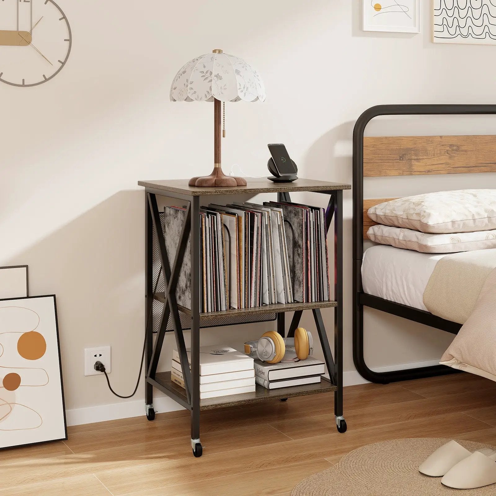 Mid-Century Record Player Stand with Built-in Charging Station by DirectDeals