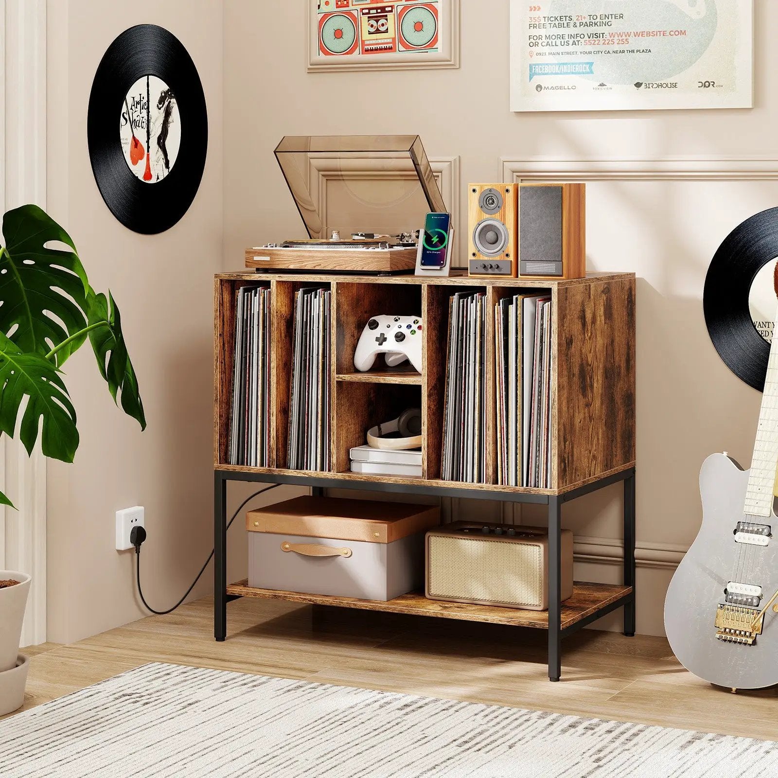 Record Player Stand with Charging Station and Metal Frame by DirectDeals