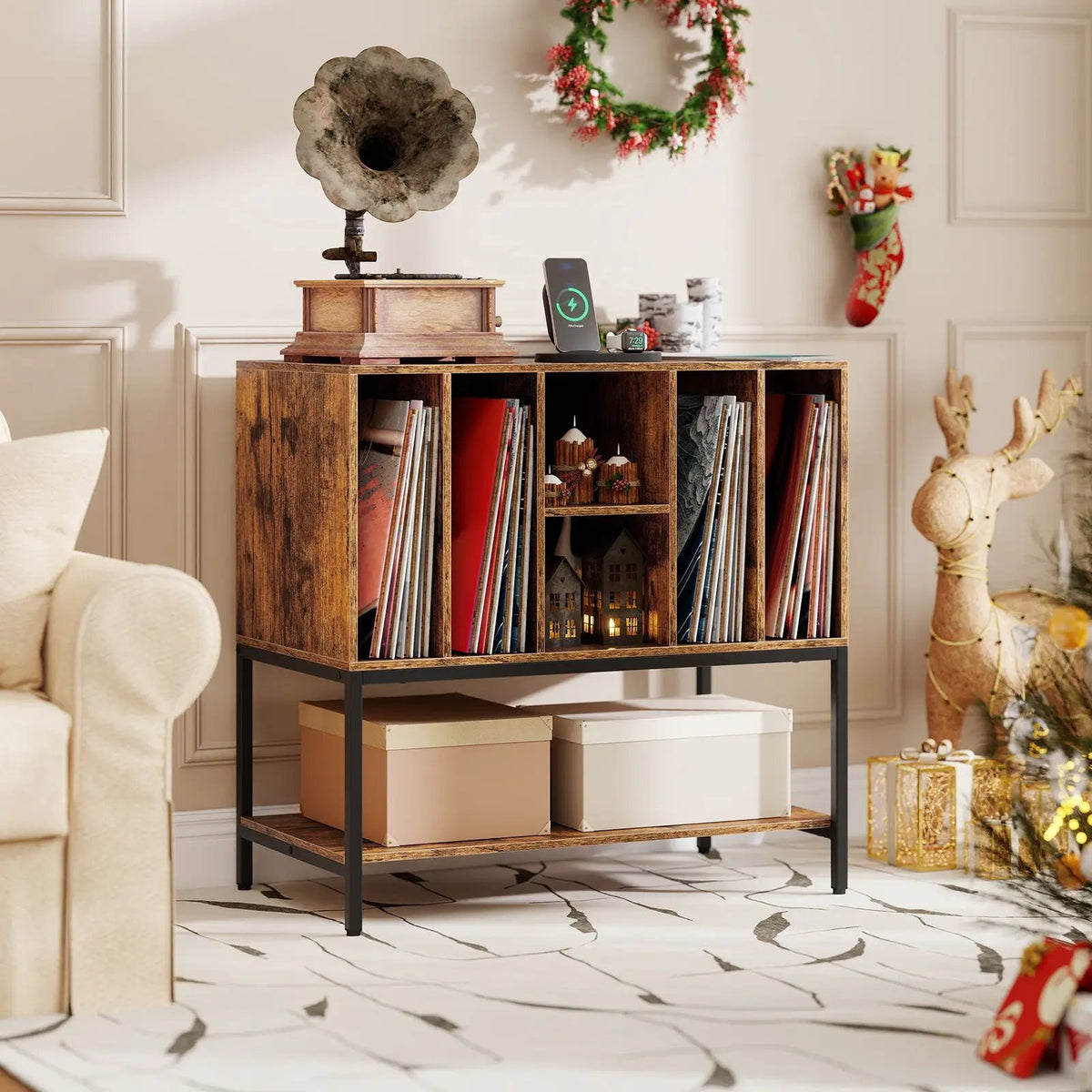 Record Player Stand with Charging Station and Metal Frame, photo 3 of 16