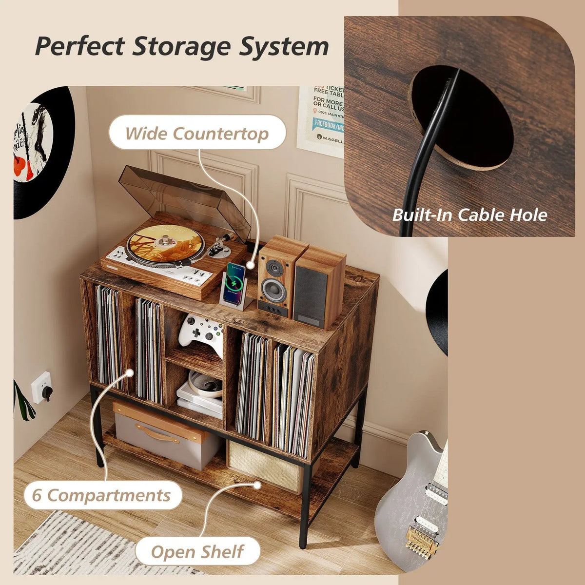 Record Player Stand with Charging Station and Metal Frame, photo 13 of 16