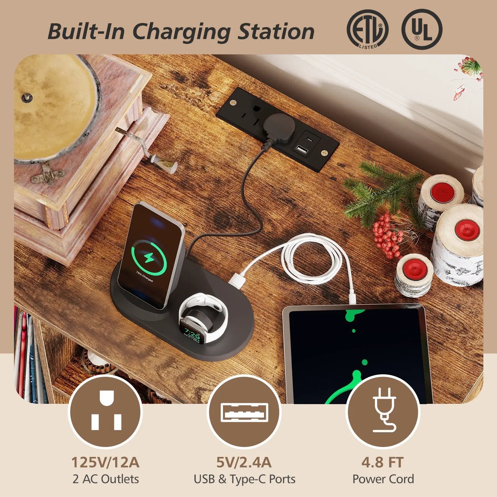 Record Player Stand with Charging Station and Metal Frame by DirectDeals
