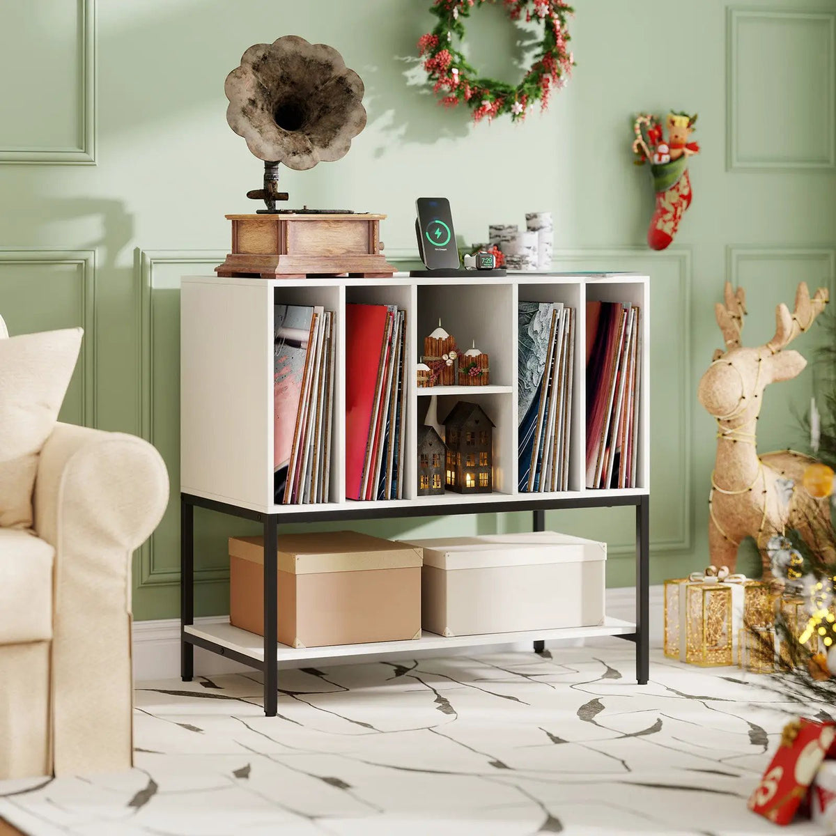 Record Player Stand with Charging Station and Metal Frame, photo 4 of 16