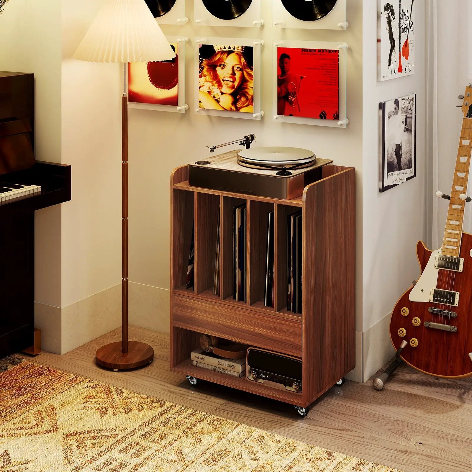 Record Player Stand Turntable Stand with Drawer and Record Holder by DirectDeals