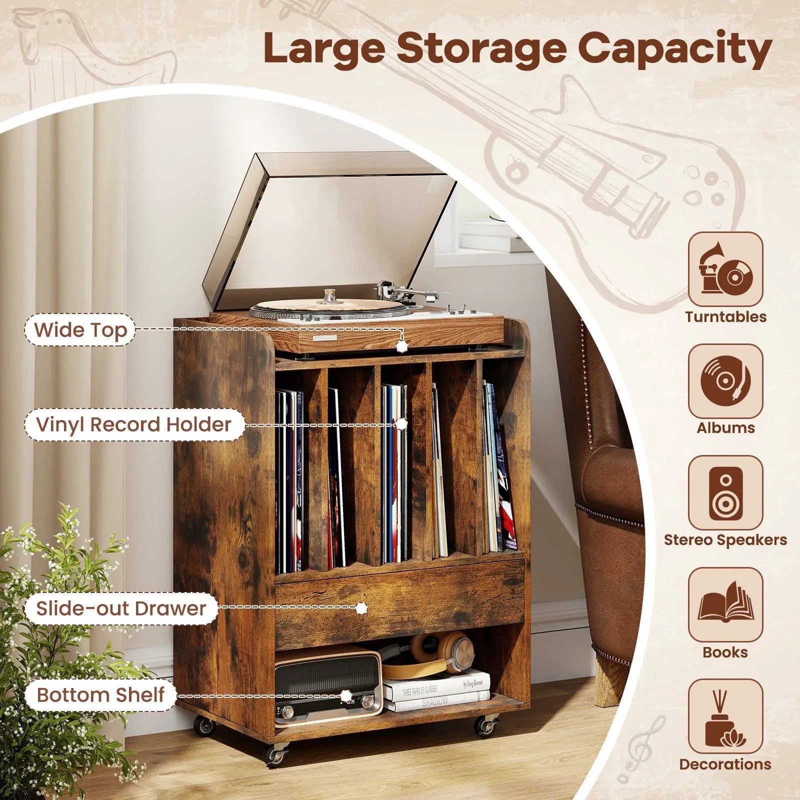 Record Player Stand Turntable Stand with Drawer and Record Holder by DirectDeals