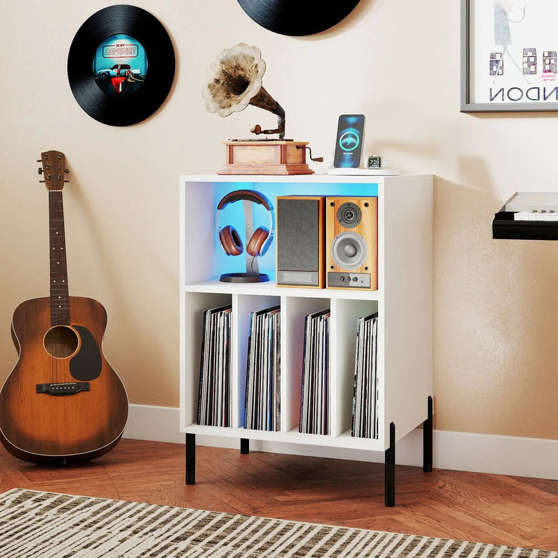 Record Player Stand with LED Light and Charging Station by DirectDeals