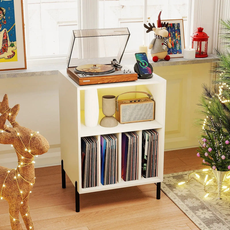 Record Player Stand with LED Light and Charging Station by DirectDeals