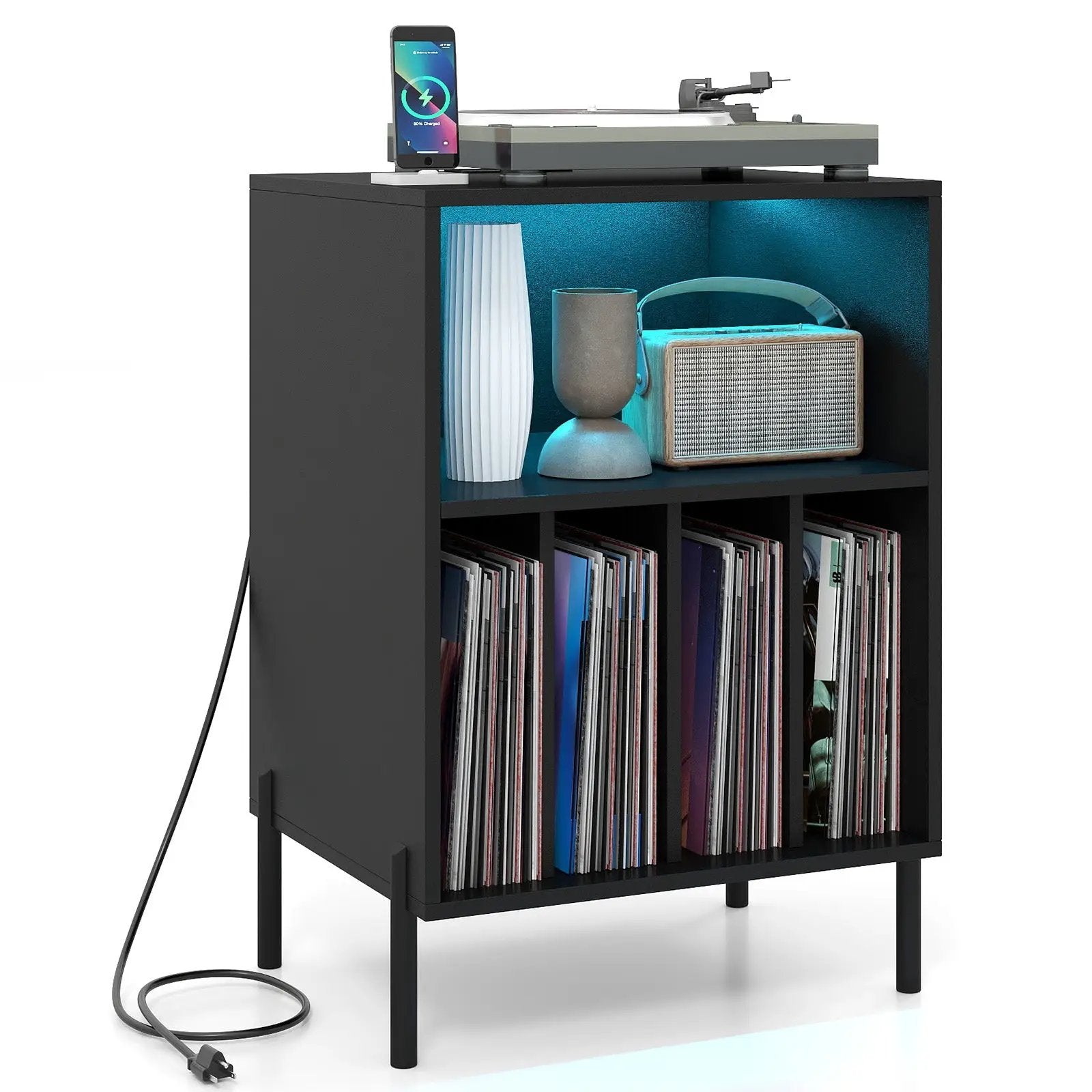 Record Player Stand with LED Light and Charging Station by DirectDeals