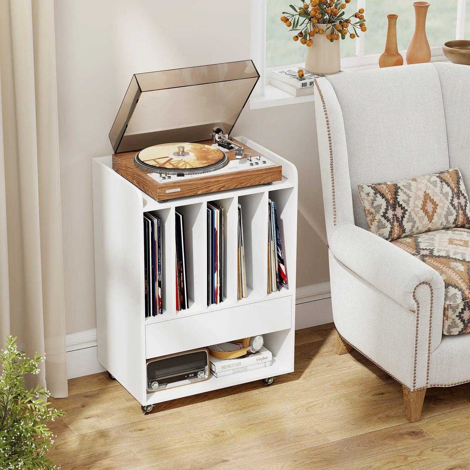 Record Player Stand Turntable Stand with Drawer and Record Holder by DirectDeals