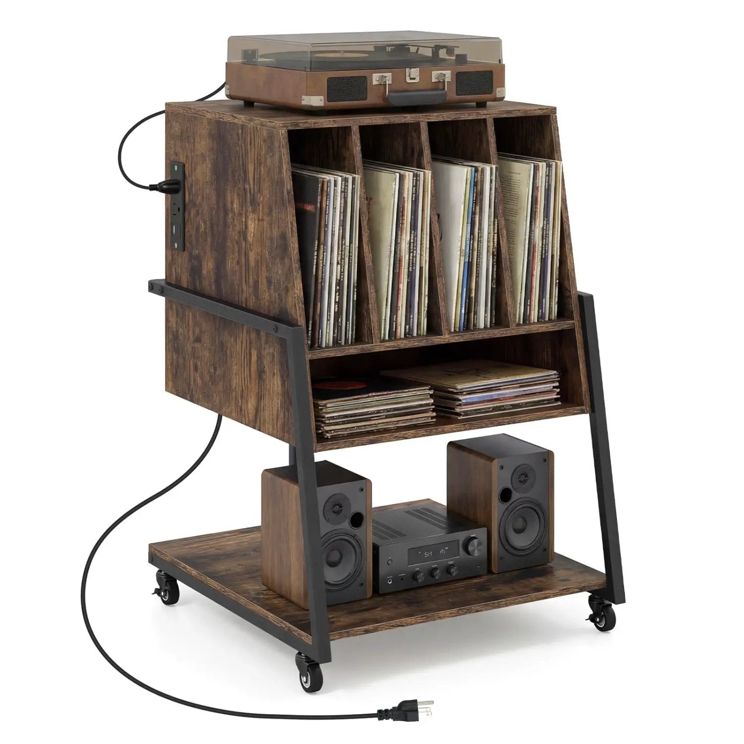 Record Player Stand on Wheels Rolling Turntable Stand with Power Outlets by DirectDeals