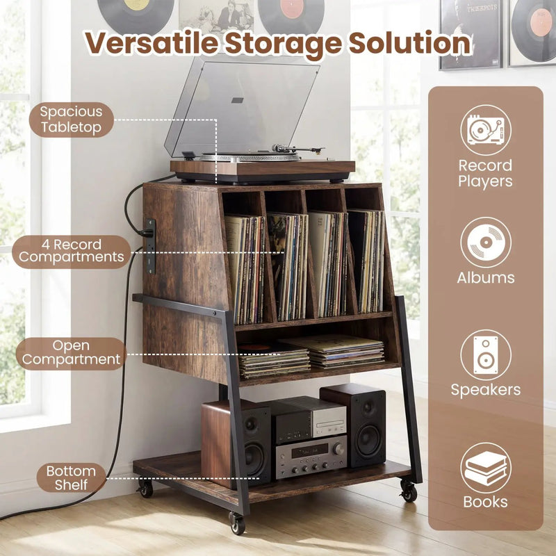 Record Player Stand on Wheels Rolling Turntable Stand with Power Outlets by DirectDeals