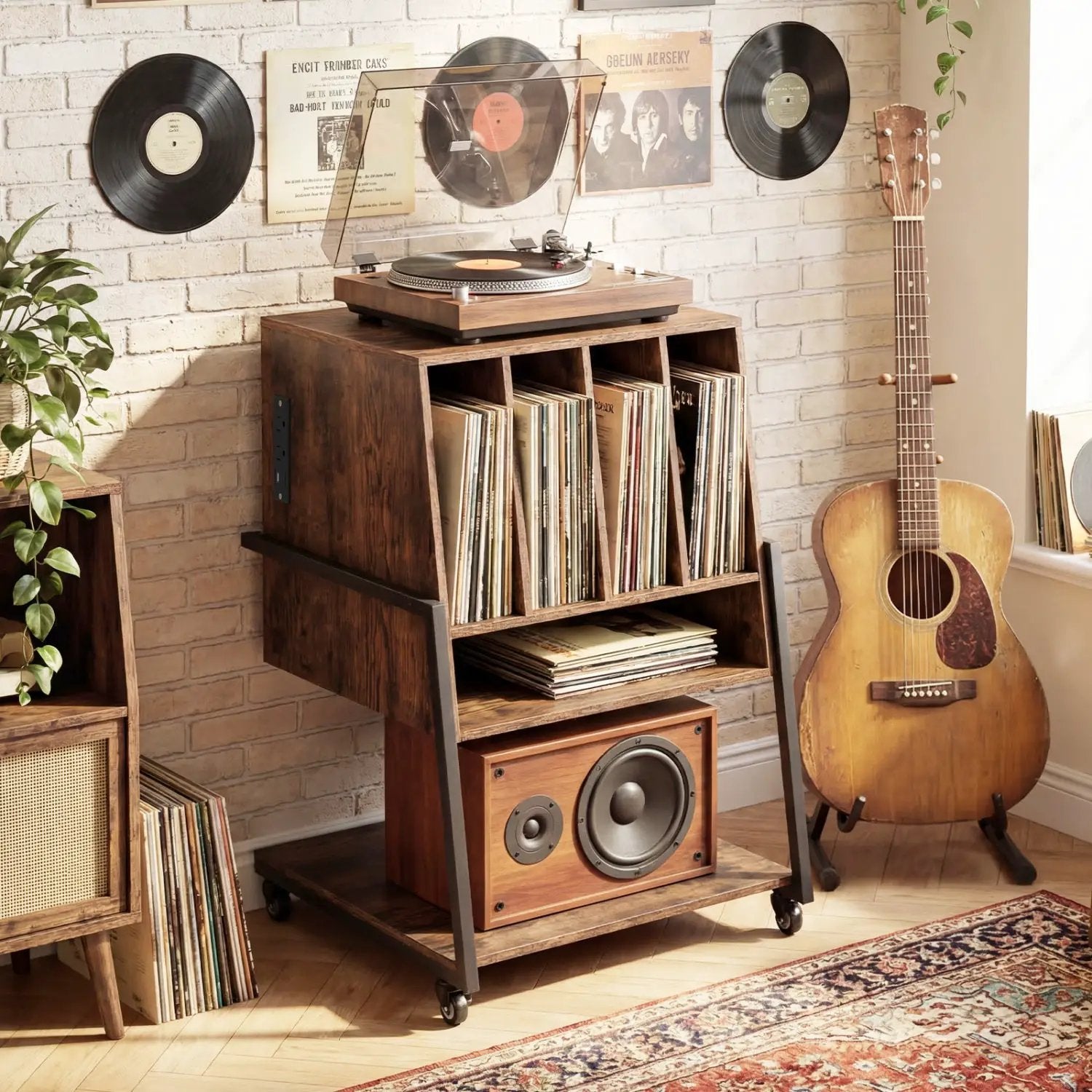 Record Player Stand on Wheels Rolling Turntable Stand with Power Outlets by DirectDeals