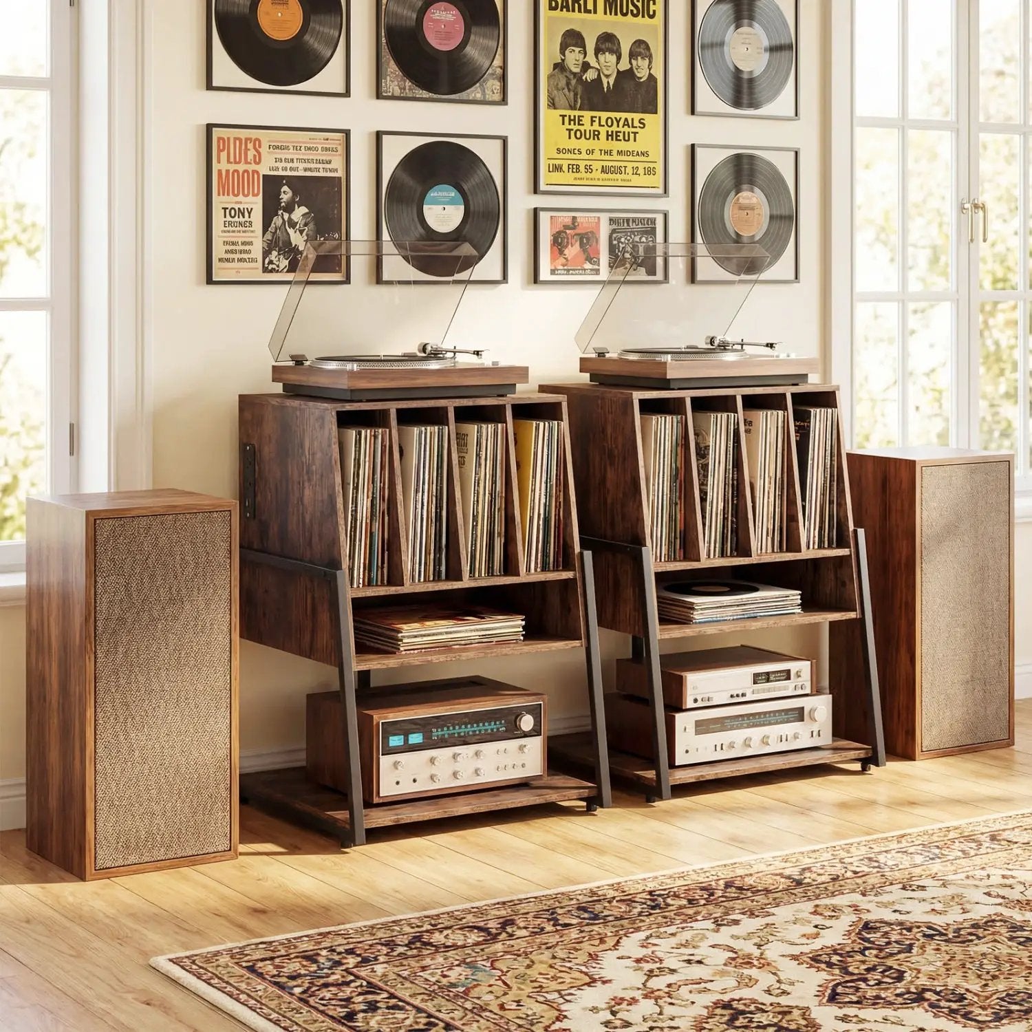 Record Player Stand on Wheels Rolling Turntable Stand with Power Outlets by DirectDeals