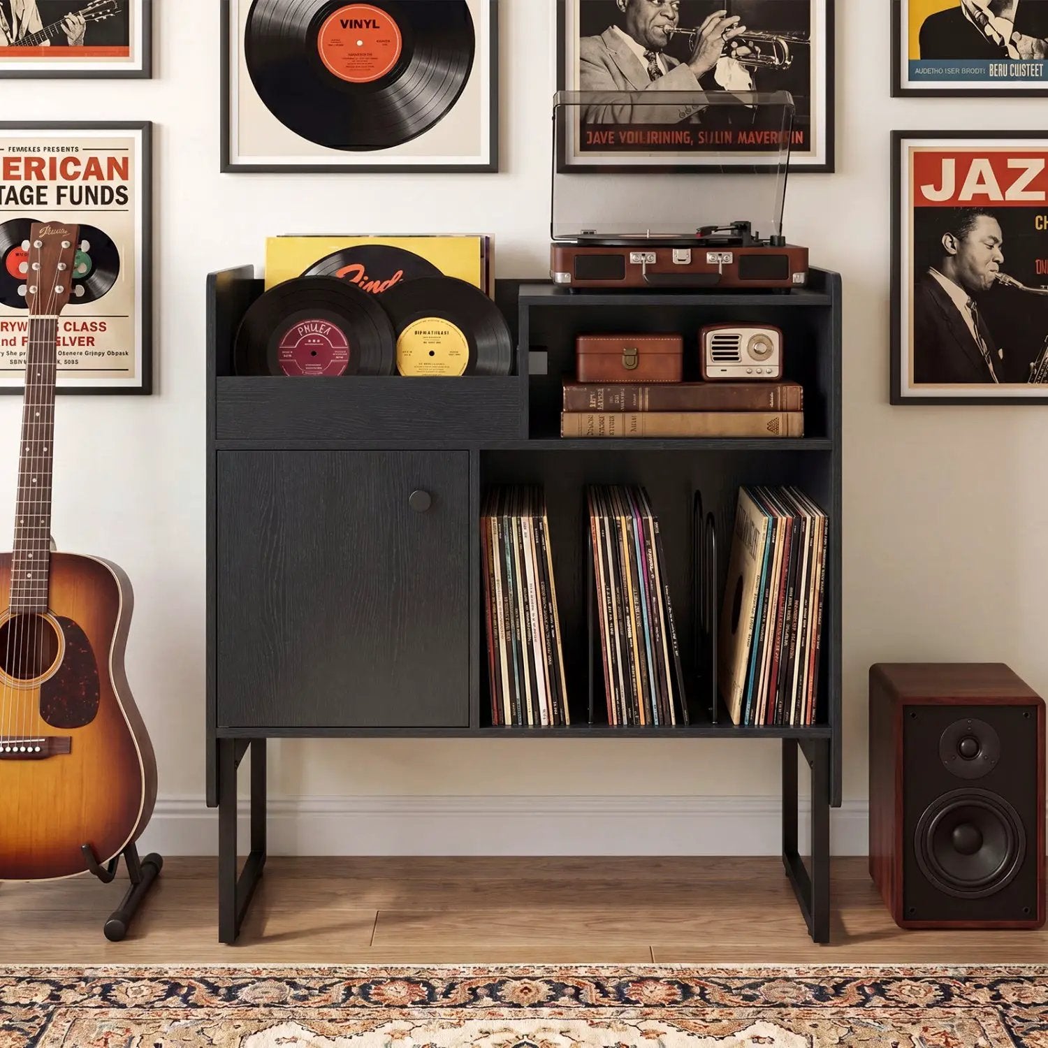 Record Player Stand with Power Outlets and Vinyl Storage Holder up to 250 Albums by DirectDeals