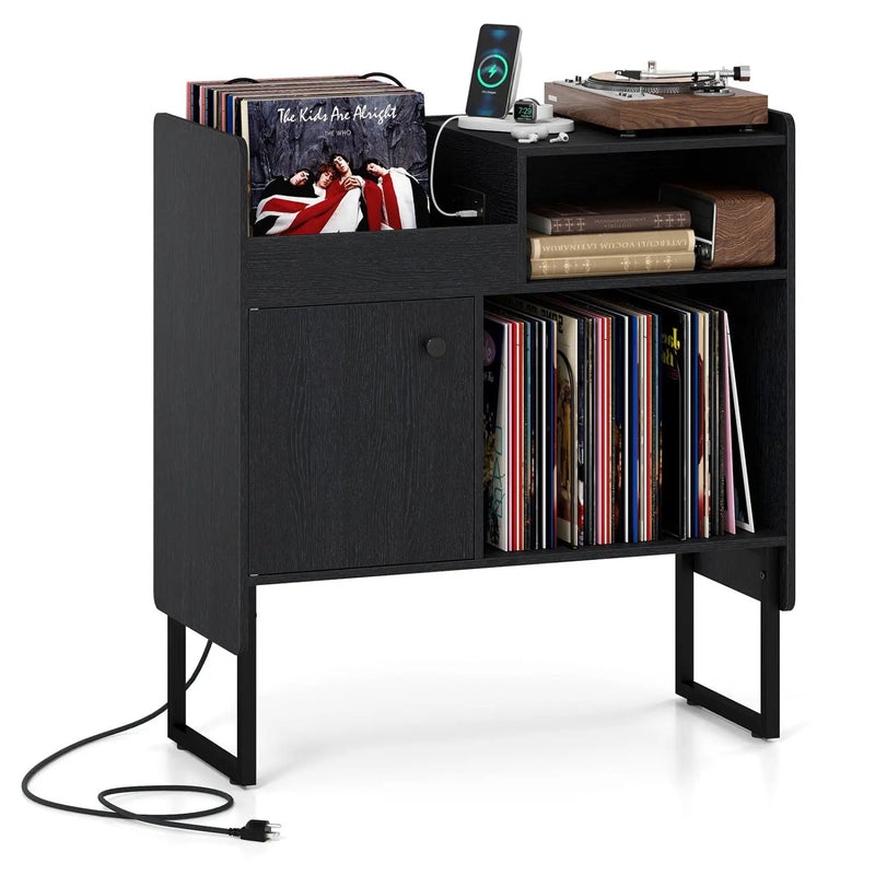 Record Player Stand with Power Outlets and Vinyl Storage Holder up to 250 Albums by DirectDeals