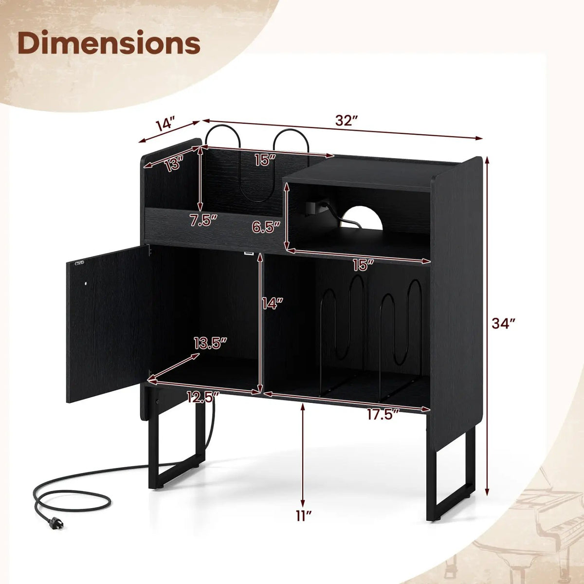 Record Player Stand with Power Outlets and Vinyl Storage Holder up to 250 Albums, photo 12 of 16