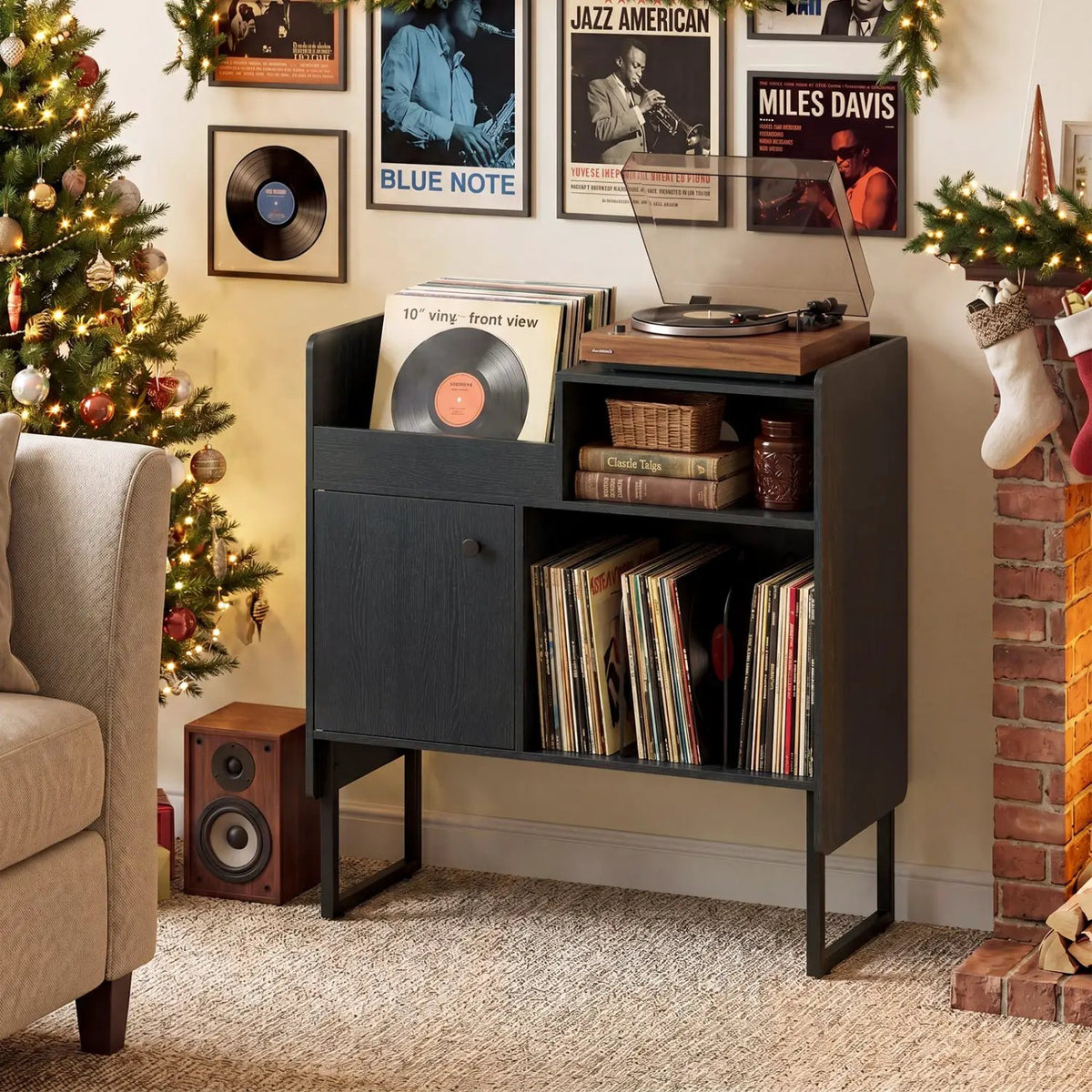 Record Player Stand with Power Outlets and Vinyl Storage Holder up to 250 Albums, photo 13 of 16