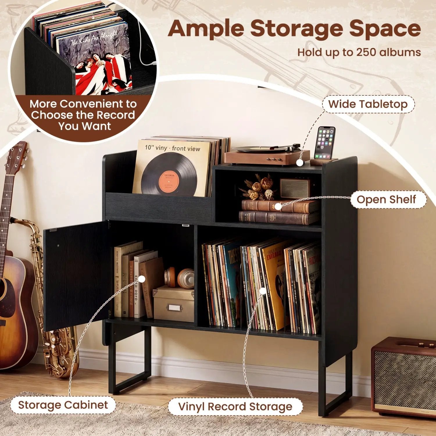 Record Player Stand with Power Outlets and Vinyl Storage Holder up to 250 Albums by DirectDeals