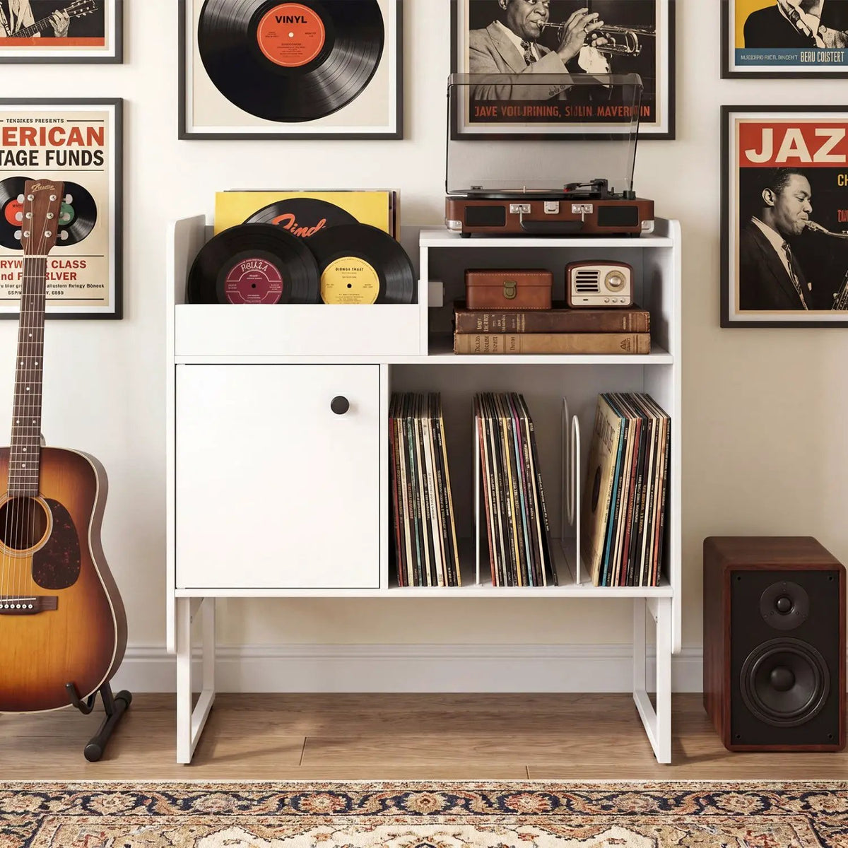 Record Player Stand with Power Outlets and Vinyl Storage Holder up to 250 Albums, photo 3 of 16