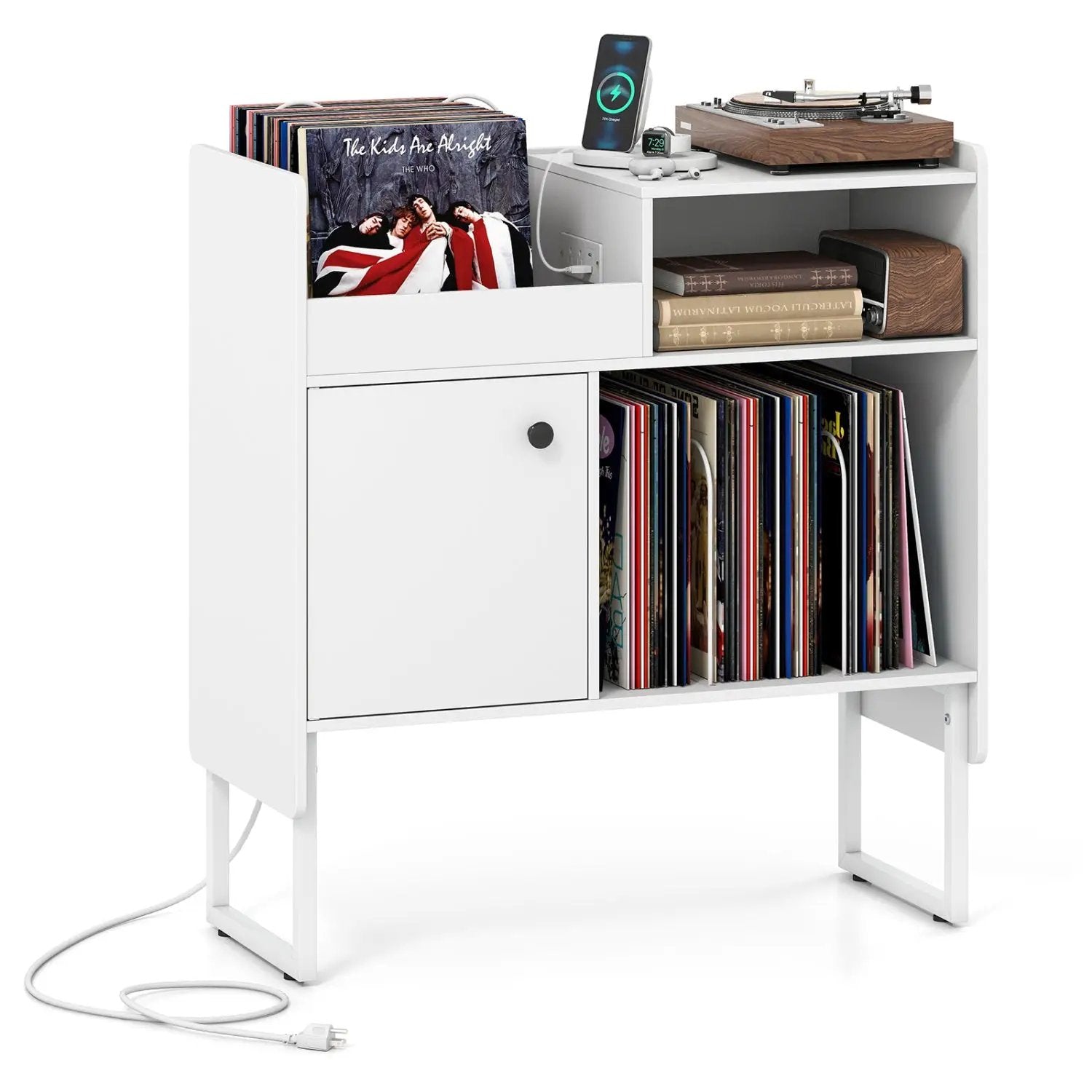 Record Player Stand with Power Outlets and Vinyl Storage Holder up to 250 Albums by DirectDeals