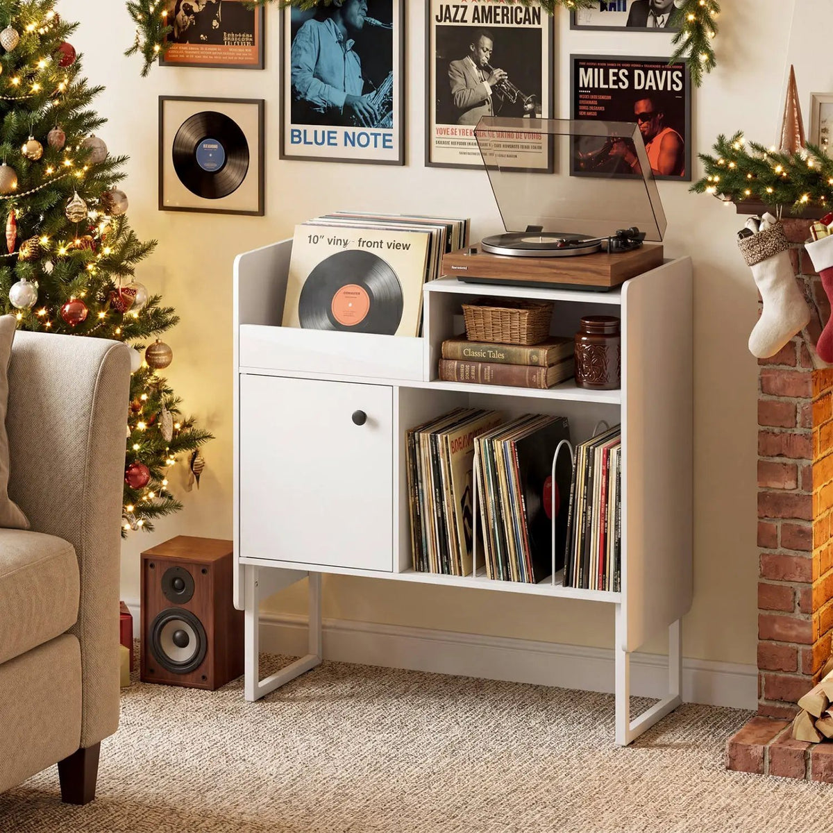Record Player Stand with Power Outlets and Vinyl Storage Holder up to 250 Albums, photo 6 of 16
