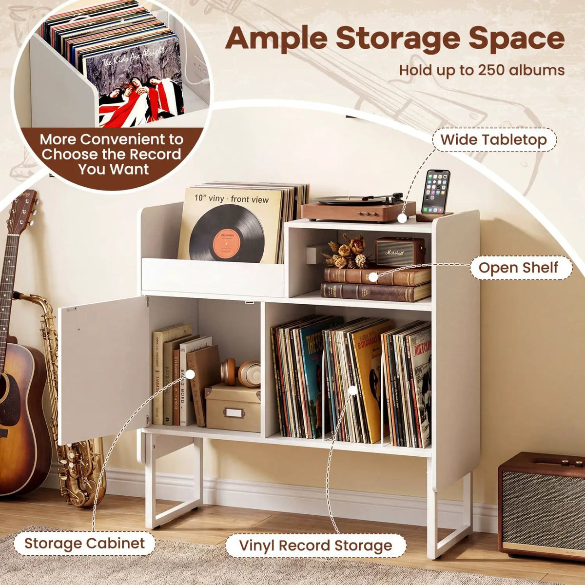 Record Player Stand with Power Outlets and Vinyl Storage Holder up to 250 Albums, photo 7 of 16