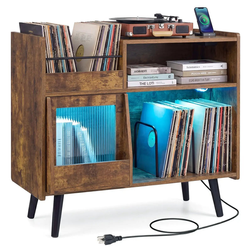 Record Player Stand with LED Light and Power Outlets by DirectDeals