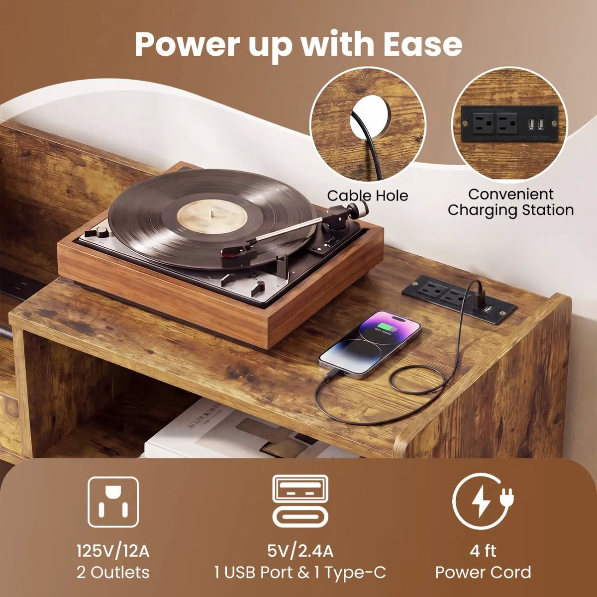 Record Player Stand with LED Light and Power Outlets, photo 15 of 16