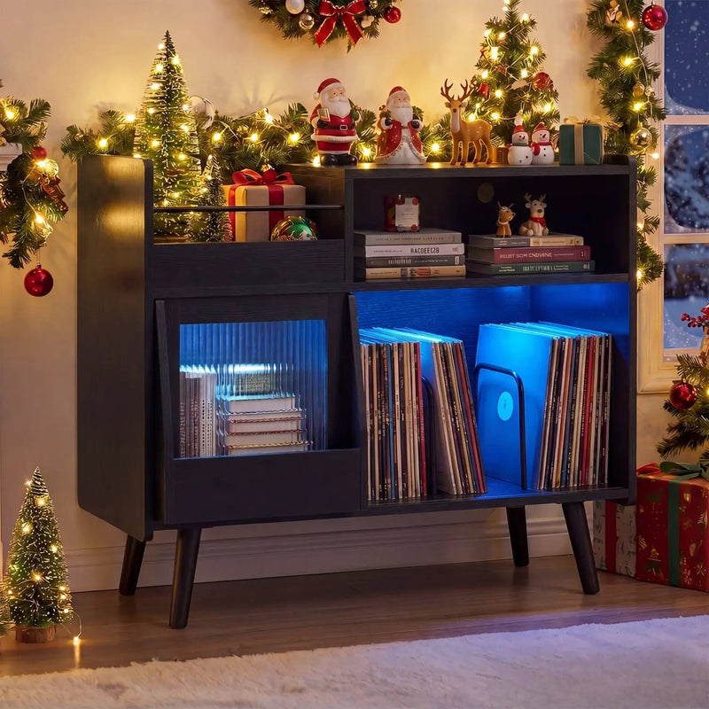 Record Player Stand with LED Light and Power Outlets by DirectDeals