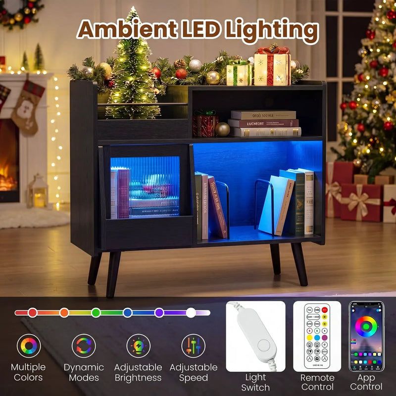 Record Player Stand with LED Light and Power Outlets by DirectDeals