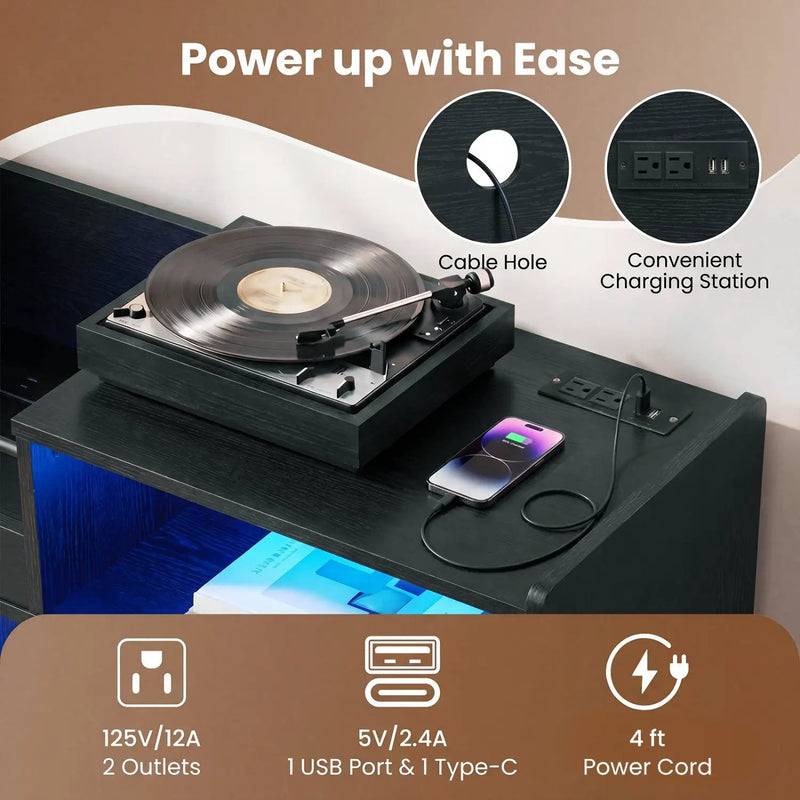 Record Player Stand with LED Light and Power Outlets by DirectDeals