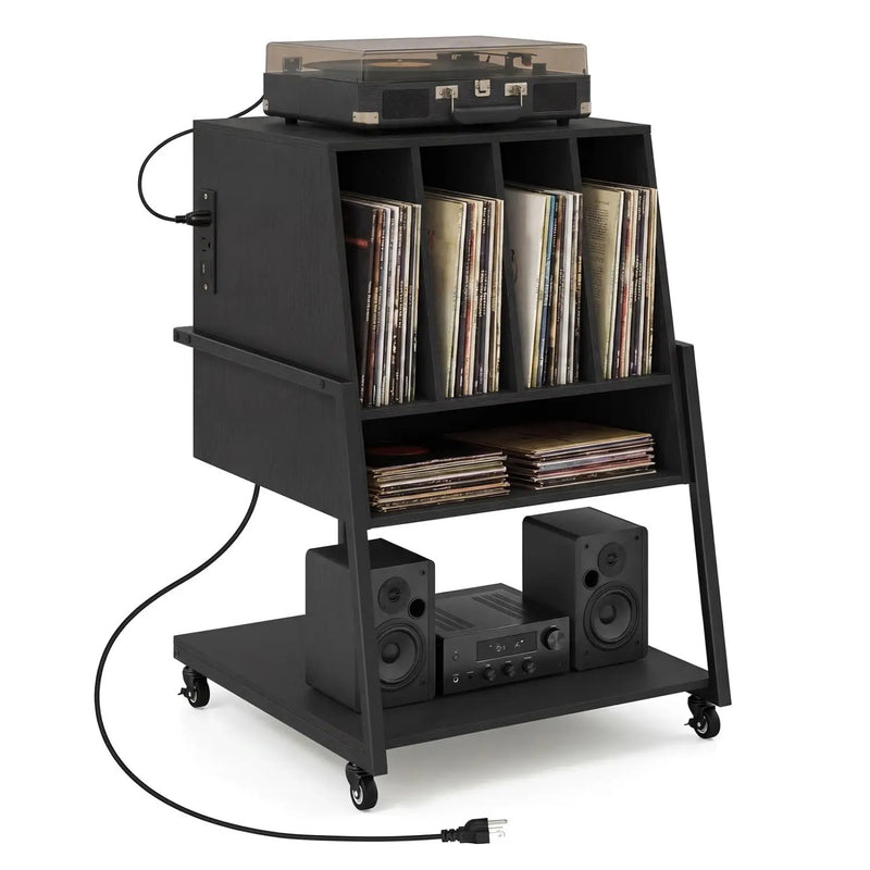 Record Player Stand on Wheels Rolling Turntable Stand with Power Outlets by DirectDeals