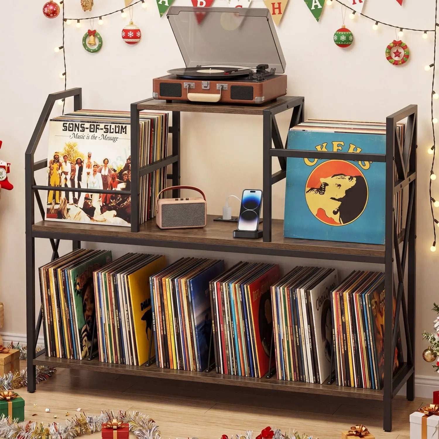 Record Player Stand with Power Outlets & Vinyl Storage by DirectDeals