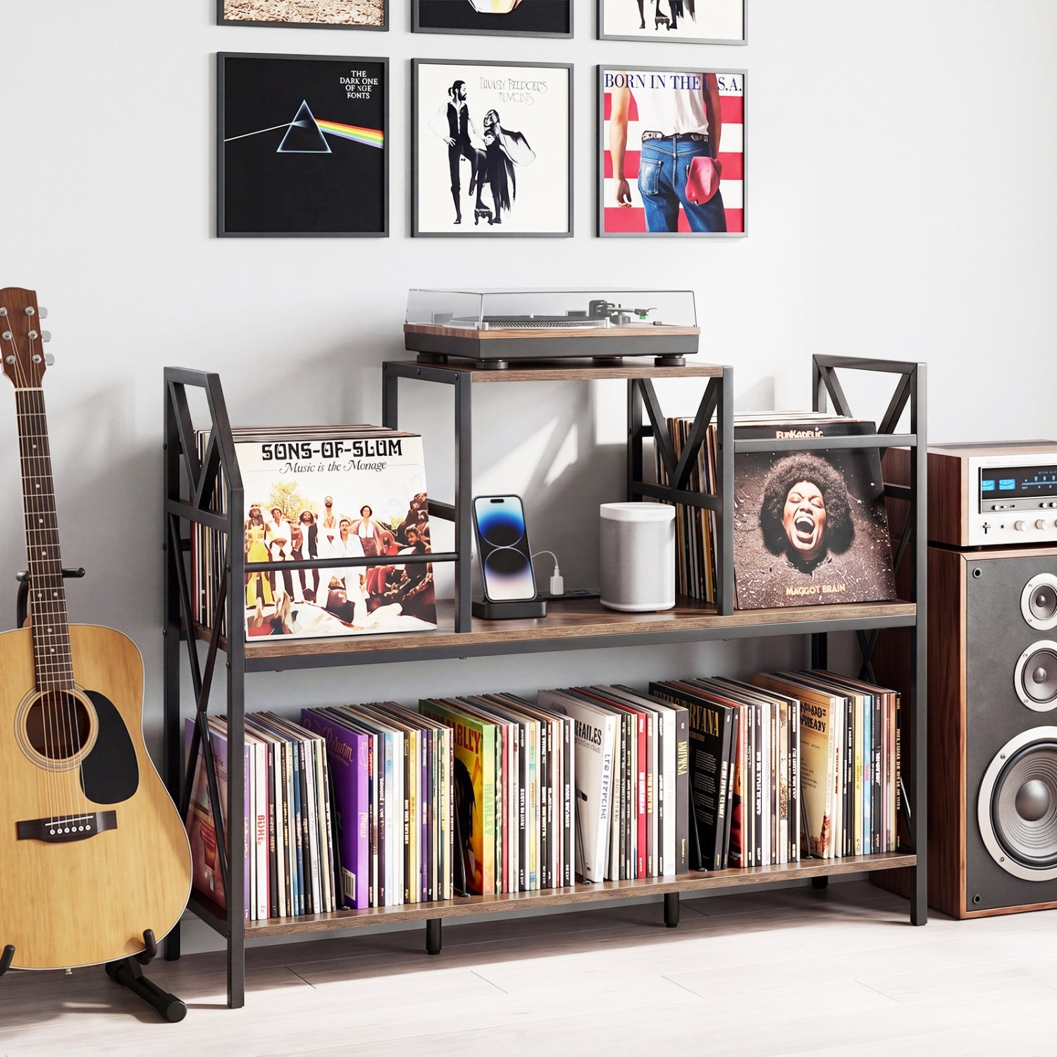 Record Player Stand with Power Outlets & Vinyl Storage by DirectDeals