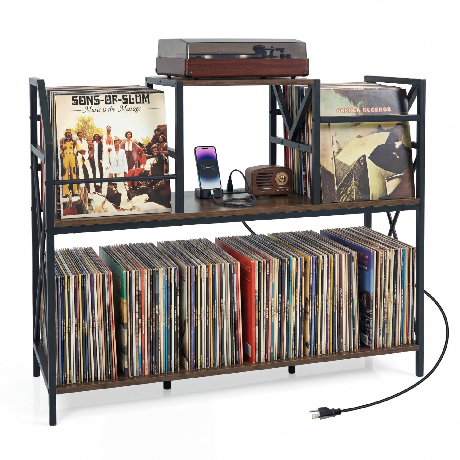 Record Player Stand with Power Outlets & Vinyl Storage by DirectDeals